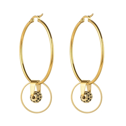 Cubic Zirconia Beads Charm Big Hoop Earrings for Women, 304 Stainless Steel Ring Drop Earrings, Golden