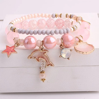 2шт. 2 стили эластичные браслеты из пластика и стеклянных бусин, браслеты с подвесками из сплава эмали для женщин, золотые