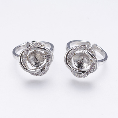 Brass Finger Cup Peg Ring Settings, with Cubic Zirconia, For Half Drilled Beads, Lead Free & Cadmium Free & Nickel Free, Flower, Size 7