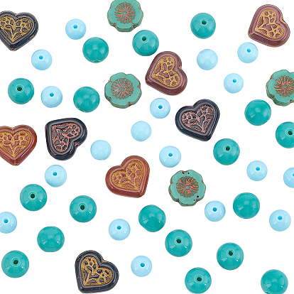 Стеклянные бусины, включают 18шт. 2 стили непрозрачные круглые стеклянные бусины, 8 шт. 4 цвета бусины-сердечки ручной работы в технике лэмпворк, 4 шт. стеклянные бусины в виде цветка гибискуса