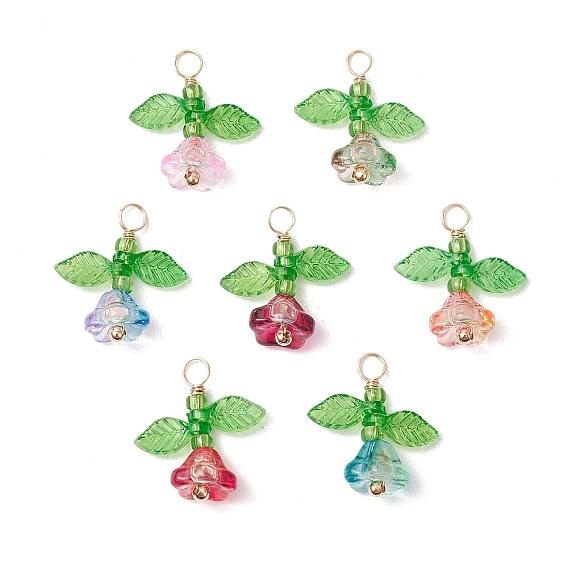 Стеклянные подвески, цветок, с акриловыми бусинами и светло-золотистой медной проволокой, два тона