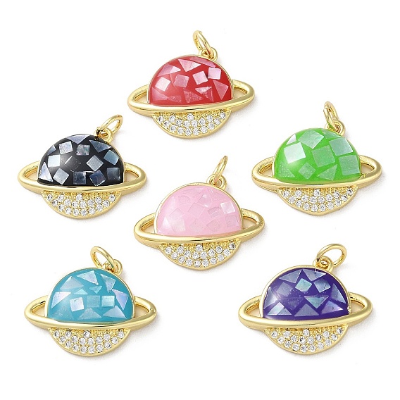 Brass Micro Pave Clear Cubic Zirconia Pendants, Cadmium Free & Lead Free, with Enamel, Shell and Jump Ring, Real 18K Gold Plated, Planet