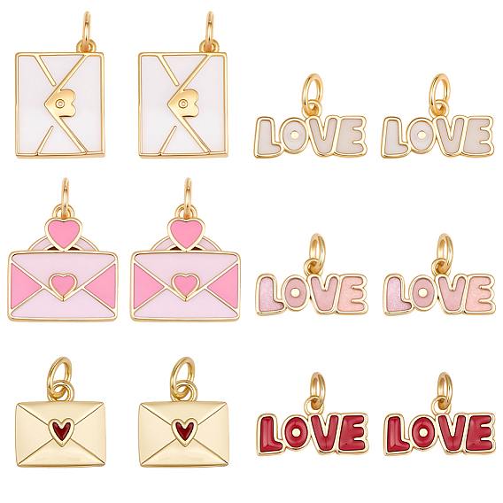 12шт. 6 стили подвесок из латуни с эмалью ко Дню святого Валентина, долговечный, без свинца и без кадмия, с целью перехода в кольце, реальный 18 k позолоченный, стойки покрытие