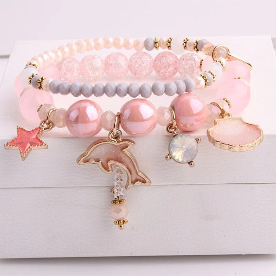 2шт. 2 стили эластичные браслеты из пластика и стеклянных бусин, браслеты с подвесками из сплава эмали для женщин, золотые