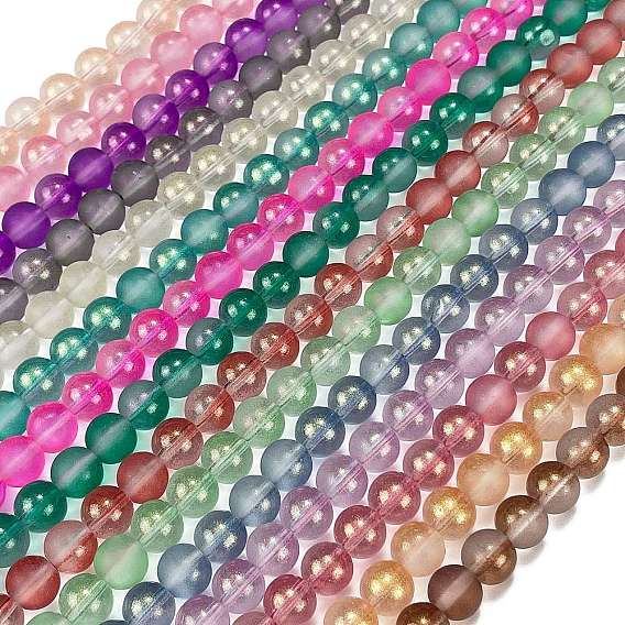 Нити матовых прозрачных стеклянных бусин, с золотой порошок, круглые