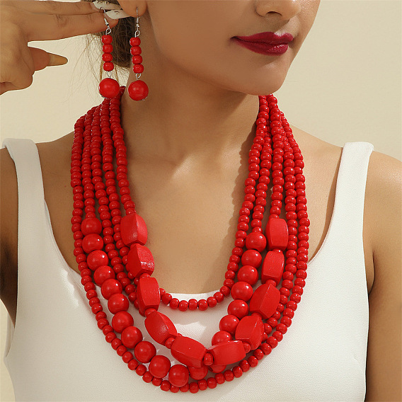 Комплекты из многослойных ожерелий и серег с подвесками из деревянных бусин