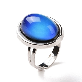 Glass Oval Mood Ring, Temperature Change Color Emotion Feeling Alloy Adjustable Ring for Women