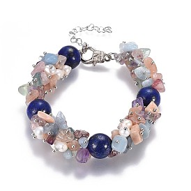Bracelets de perles de pierres précieuses naturelles, avec des perles naturelles et des fermoirs en pinces de homard en alliage, boite d'emballage