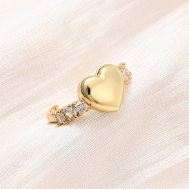 Регулируемые латунные кольца-манжеты с микропаве из кубического циркония для женщин, сердце, реальный 16 k позолоченный