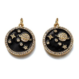 Brass Micro Pave Clear Cubic Zirconia Pendants, Long-Lasting Plated, with Jump Rings & Black Enamel, Flat Round with Planet & Star