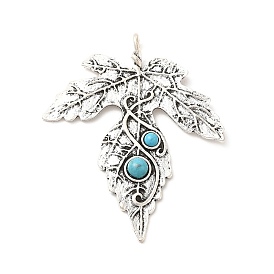 Retro Alloy Big Pendants, with Synthetic Turquoise, Leaf Charms