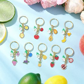 9 шт. 9 стили сплав эмали с акрилом банан клубника ананас фрукты брелоки, с железными разрезными брелоками, золотые