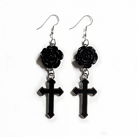 Gothic Large Black Cross Rose and Snake Butterfly Earrings - Unique Design, Stylish