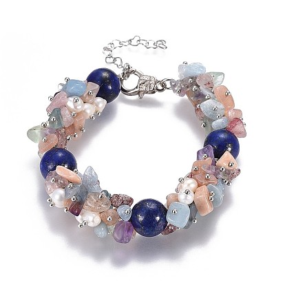 Bracelets de perles de pierres précieuses naturelles, avec des perles naturelles et des fermoirs en pinces de homard en alliage, boite d'emballage