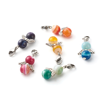 Pendentif en perles d'agate rayée naturelle mélangée/agate à bandes, avec pendentifs aile en alliage et fermoirs à pince de homard pivotants