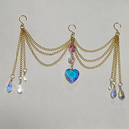 Heart & Teardrop Glass Charm Plant Pot Hanging Chain, Iron Chain Hanging Ornaments with Stainless Steel Hook