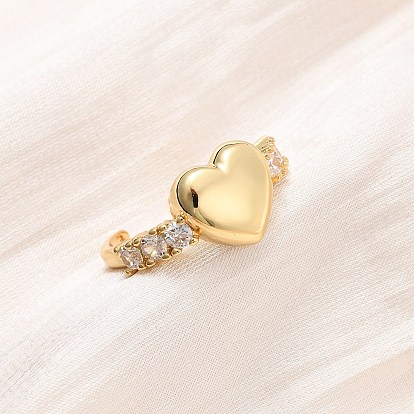 Регулируемые латунные кольца-манжеты с микропаве из кубического циркония для женщин, сердце, реальный 16 k позолоченный