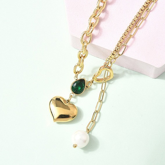 304 ожерелья из нержавеющей стали с зеленым кубическим цирконием в форме сердца для женщин, с пластиковой жемчужины