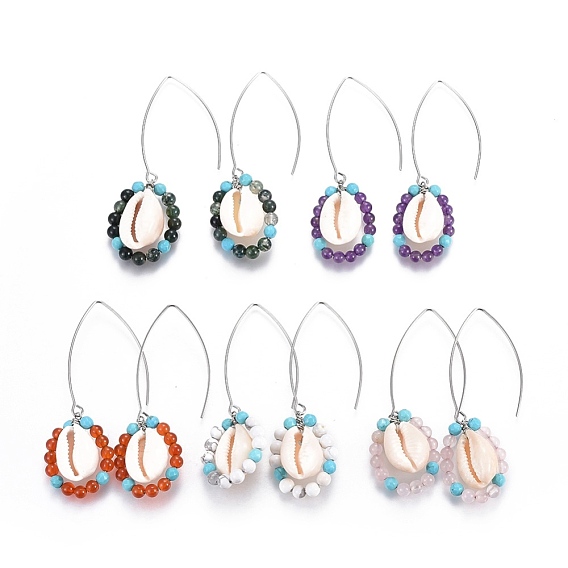 Stainless Steel Dangle Earrings, with Gemstone Beads and Shell Beads