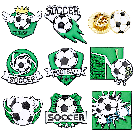 9 piezas 9 estilos de broches de solapa de aleación esmaltada con temática de fútbol para mochilas y ropa