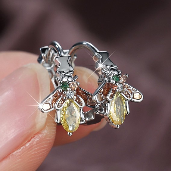 Brass Micro Pave Cubic Zirconia Huggie Hoop Earrings, Bees