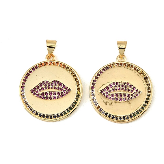 Brass Micro Pave Colorful Cubic Zirconia Pendants, Flat Round with Lip Charms