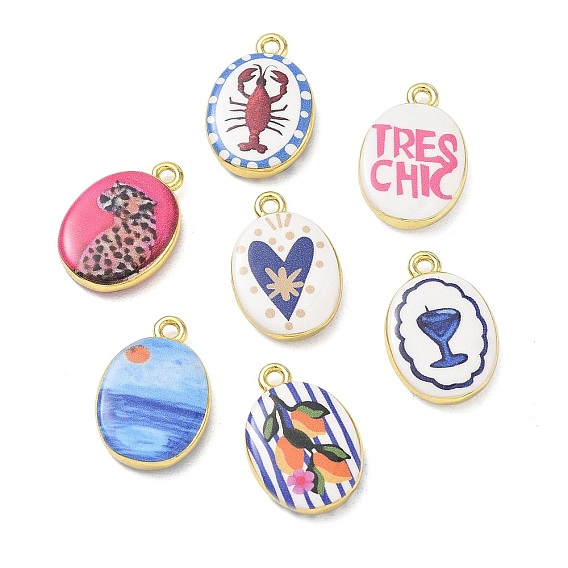 Printed Brass Pendants, Oval Charms, Cadmium Free & Lead Free, Golden