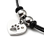 304 Stainless Steel Heart with Paw Print Charm Bracelet with Waxed Cord for Women