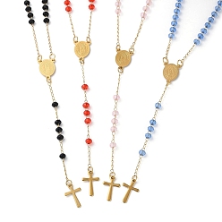 Glass Rosary Bead Necklaces, Vacuum Plating Golden 304 Stainless Steel Cross Pendant Necklace