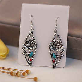Boho Ethnic Geometric Turquoise Earrings - Long, Hollow Leaf Earrings for Women.