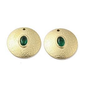 304 Stainless Steel Pendants, with Emerald Rhinestone, Flat Round Charms