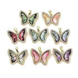 Real 18K Gold Plated Rack Plating Brass Micro Pave Cubic Zirconia Pendants, with Resin, Long-Lasting Plated, Cadmium Free & Lead Free, Butterfly