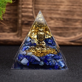 Orgonite Pyramid Resin Energy Generators, Reiki Natural Lapis Lazuli Chips & Golden Brass Buddha Staute Inside for Home Office Desk Decoration