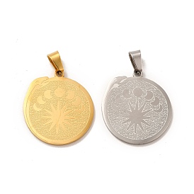 304 Stainless Steel Pendants, Flat Round with Snake & Moon Phase Charm