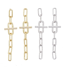 Brass Micro Pave Clear Cubic Zirconia Dangle Stud Earrings, with Ear Nuts, Long-Lasting Plated, Paperclip Chain
