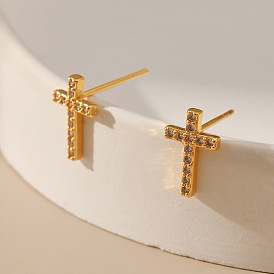 Minimalist Cross Design Zirconia Stud Earrings - Elegant, Copper Plated 18K Gold.