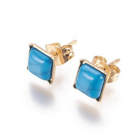 Golden Tone 304 Stainless Steel Stud Earrings, with Plastic Imitation Turquoise, Square