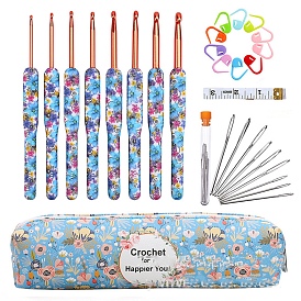 DIY Knitting Kits, including Flower Pattern Storage Bag, Steel Knitting Needles, Crochet Hook, Locking Stitch Marker, Ruler Tape