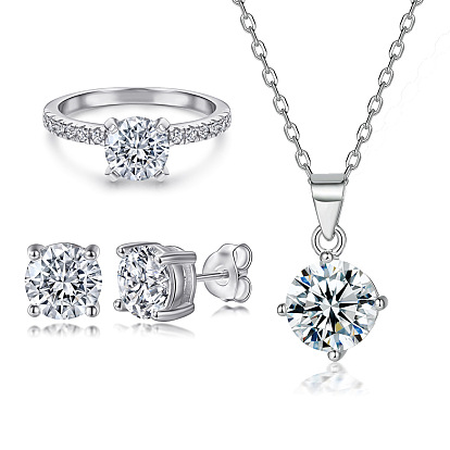 Minimalist Round CZ Jewelry Set for Women - Sterling Silver Ring, Earrings & Necklace