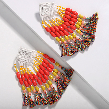 Bohemian Handmade Beaded Fabric Tassel Earrings with Exaggerated Fringe and European-American Style Jewelry Accessories