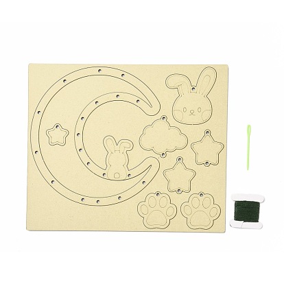 DIY Moon & Rabbit Wind Chime Making Kits, Including 1Pc Wood Plates, 1 Card Cotton Thread and 1Pc Plastic Knitting Needles, for Children Painting Craft