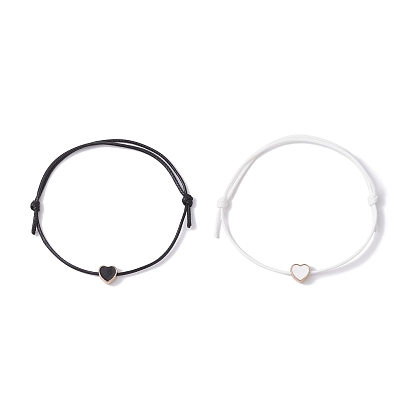 2Pcs 2 Colors Alloy Enamel Heart Braided Bead Bracelets Set, Waxed Polyester Cords Adjustable Bracelets