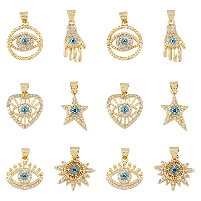 12 шт 6 стили латунные подвески из микропаве с фианитом, очарование темы сглаза, сердце/звезда/солнце