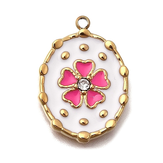 304 нержавеющей стальной эмали подвески, со стразами, овал с цветочной подвеской