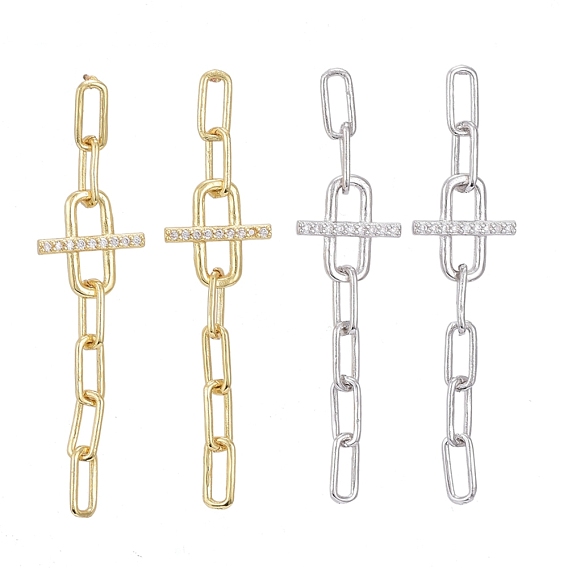 Brass Micro Pave Clear Cubic Zirconia Dangle Stud Earrings, with Ear Nuts, Long-Lasting Plated, Paperclip Chain