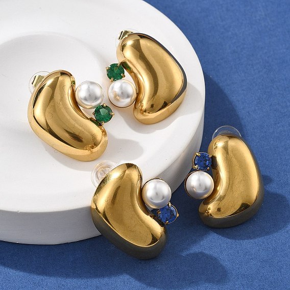 304 из нержавеющей стали серьги, с фианитом и искусственным жемчугом, реальный 18 к глод, слеза