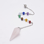 Natural Rose Quartz Hexagonal Pointed Dowsing Pendulums, with Mixed Stone and Brass Findings, Chakra, Cone/Spike, Platinum