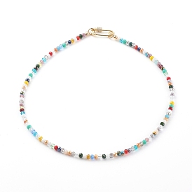 Brass Micro Pave Clear Cubic Zirconia Pendant Necklaces, with Rondelle Glass Beads, Safety Pin Shape, Golden