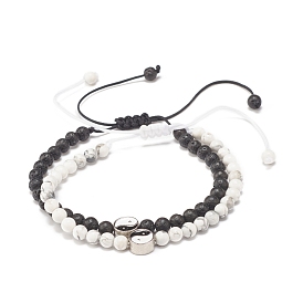 2Pcs 2 Style Natural Lava Rock & Howlite Braided Bead Bracelets Set with Yin Yang, Chinese Feng Shui Lucky Jewelry for Women