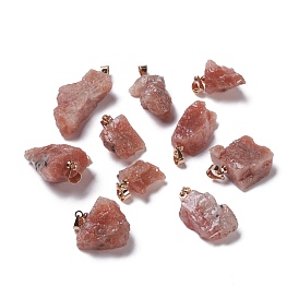Natural Strawberry Quartz  Pendants, with Light Gold Brass Loops, Nuggets
